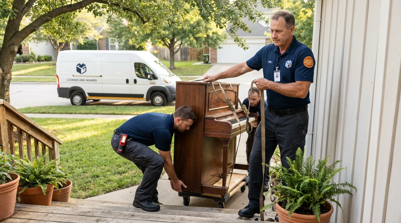 Licensed piano movers securing grand piano in Chilton, WI