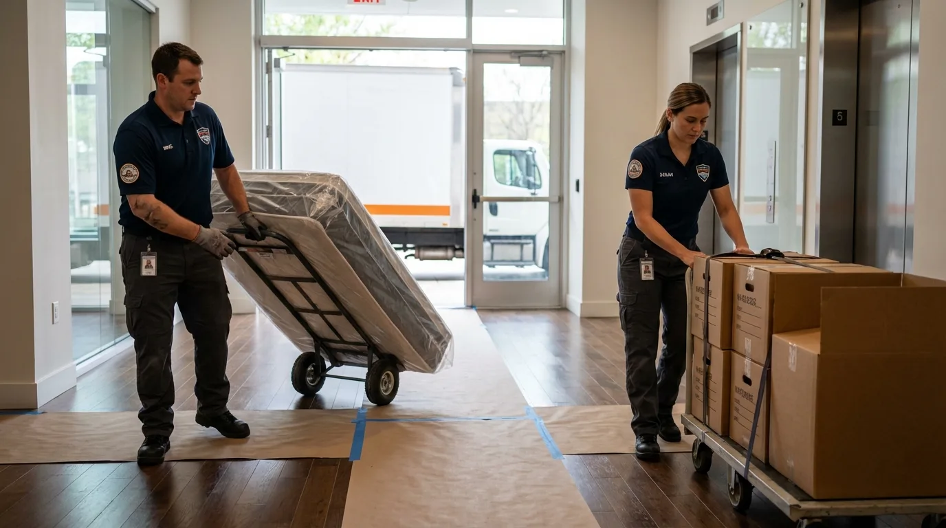 Professional apartment movers loading elevator in Chilton, WI