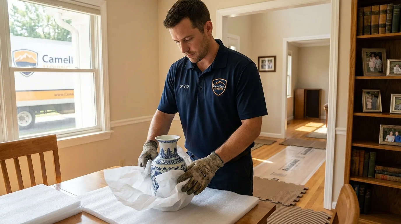 Professional crew carefully wrapping antique vase for senior downsizing move in Chilton, WI