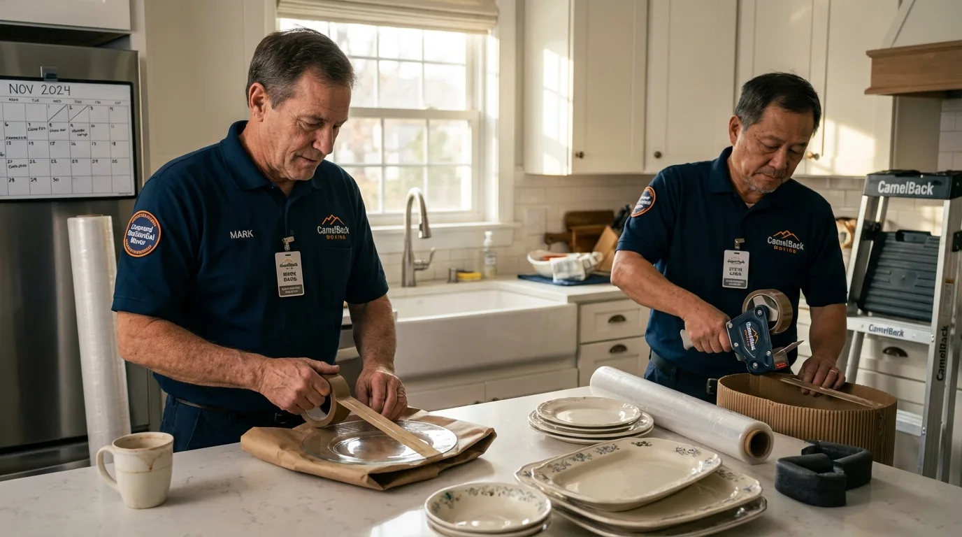 Professional crew packing kitchen dishware in Chilton, WI